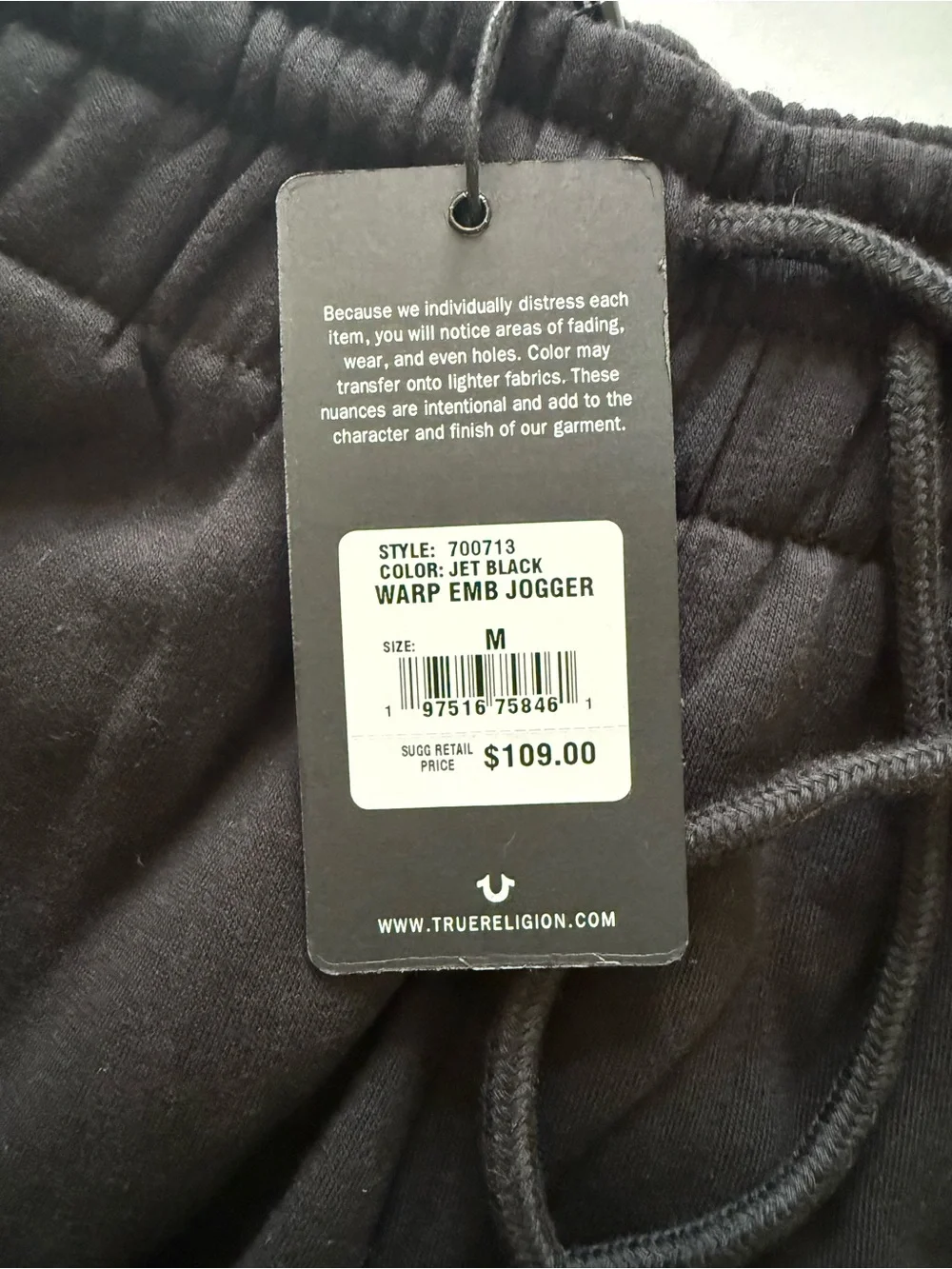 True Religion Warp Embroidered Jogger Pants Black Jet Mens Size M Retail $109NWT